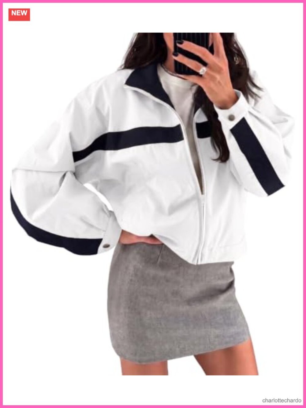 Fisoew Cropped Zip Up Jacket Lightweight Windbreaker Casual Coat